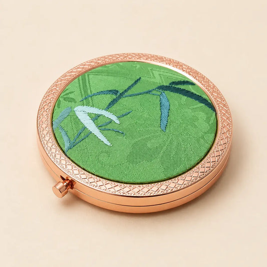 Green Bamboo hand-embroidered silk compact mirror