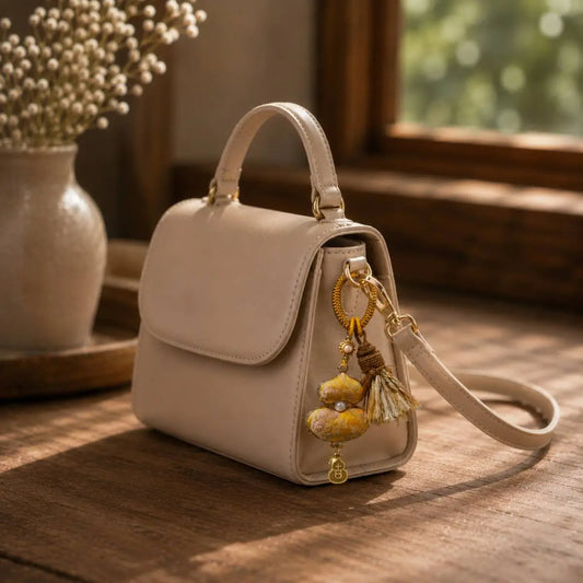 Textile gourd bag charm styled on a cream handbag