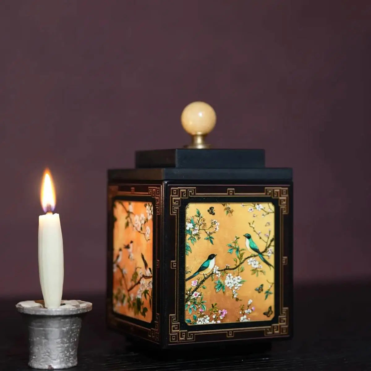 Magpie scene bamboo charcoal tea canister with traditional Chinese decorative artwork