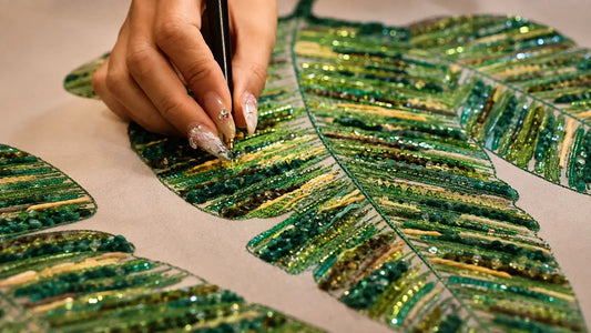 Creating an emerald botanical bead embroidery leaf by hand