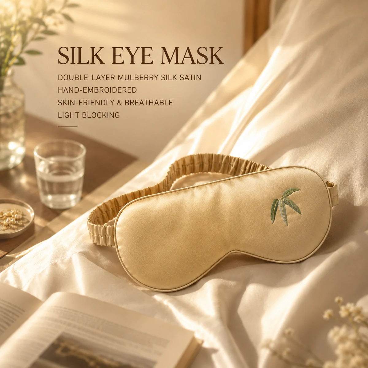 Champagne bamboo-embroidered mulberry silk sleep mask styled on bedding