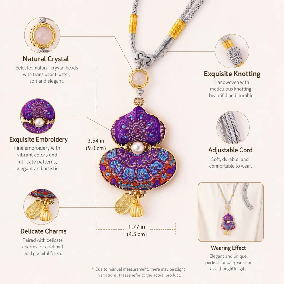 Close-up guide to the Song Brocade pendant, textile surface, and woven cord