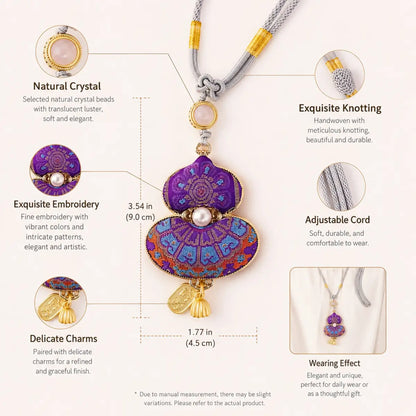 Close-up guide to the Song Brocade pendant, textile surface, and woven cord