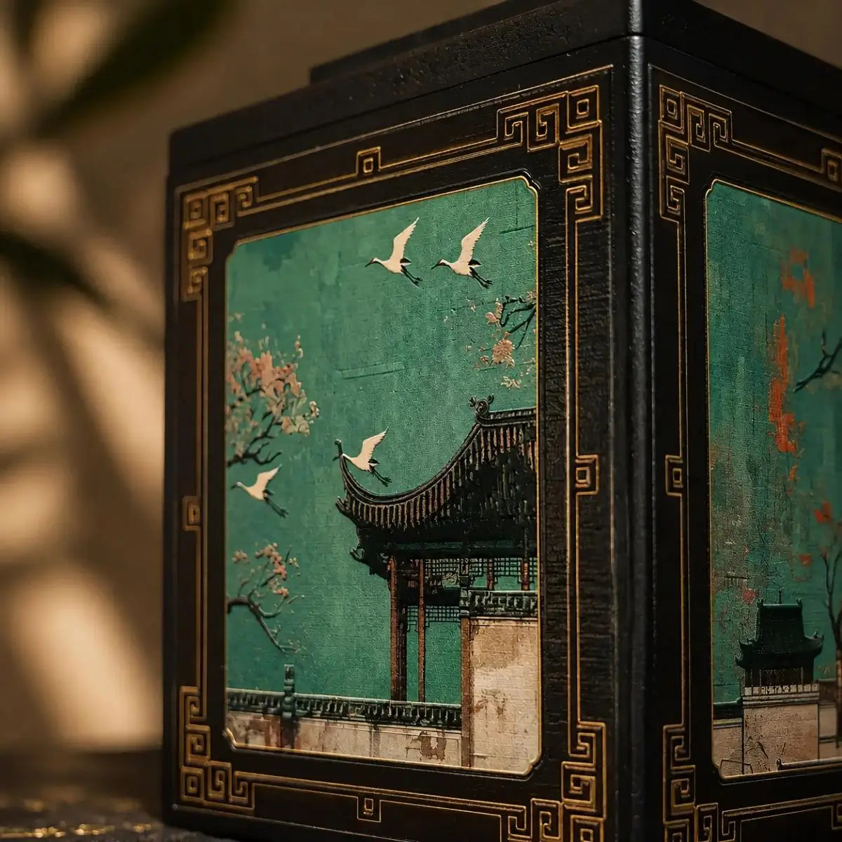 Close-up of crane motif 3D relief on a bamboo charcoal storage canister