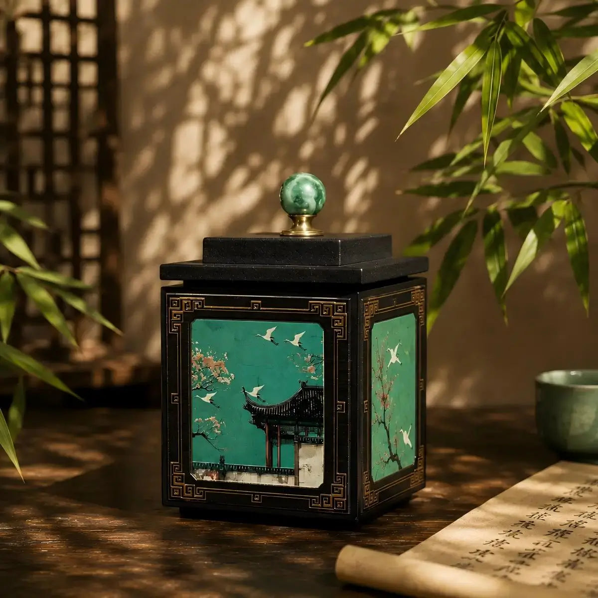 Green wabi sabi bamboo charcoal tea canister for loose leaf tea storage