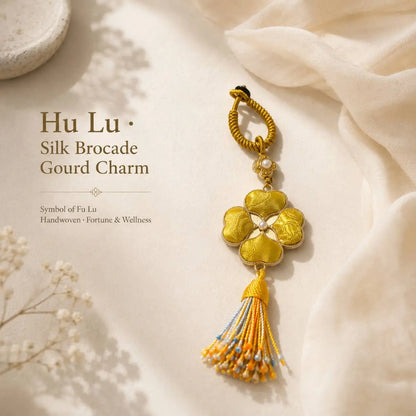 Handmade four-leaf clover bag charm with brocade-inspired fabric and tassel