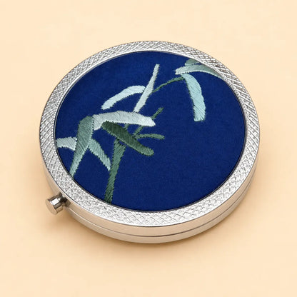Deep Blue Bamboo hand-embroidered silk compact mirror