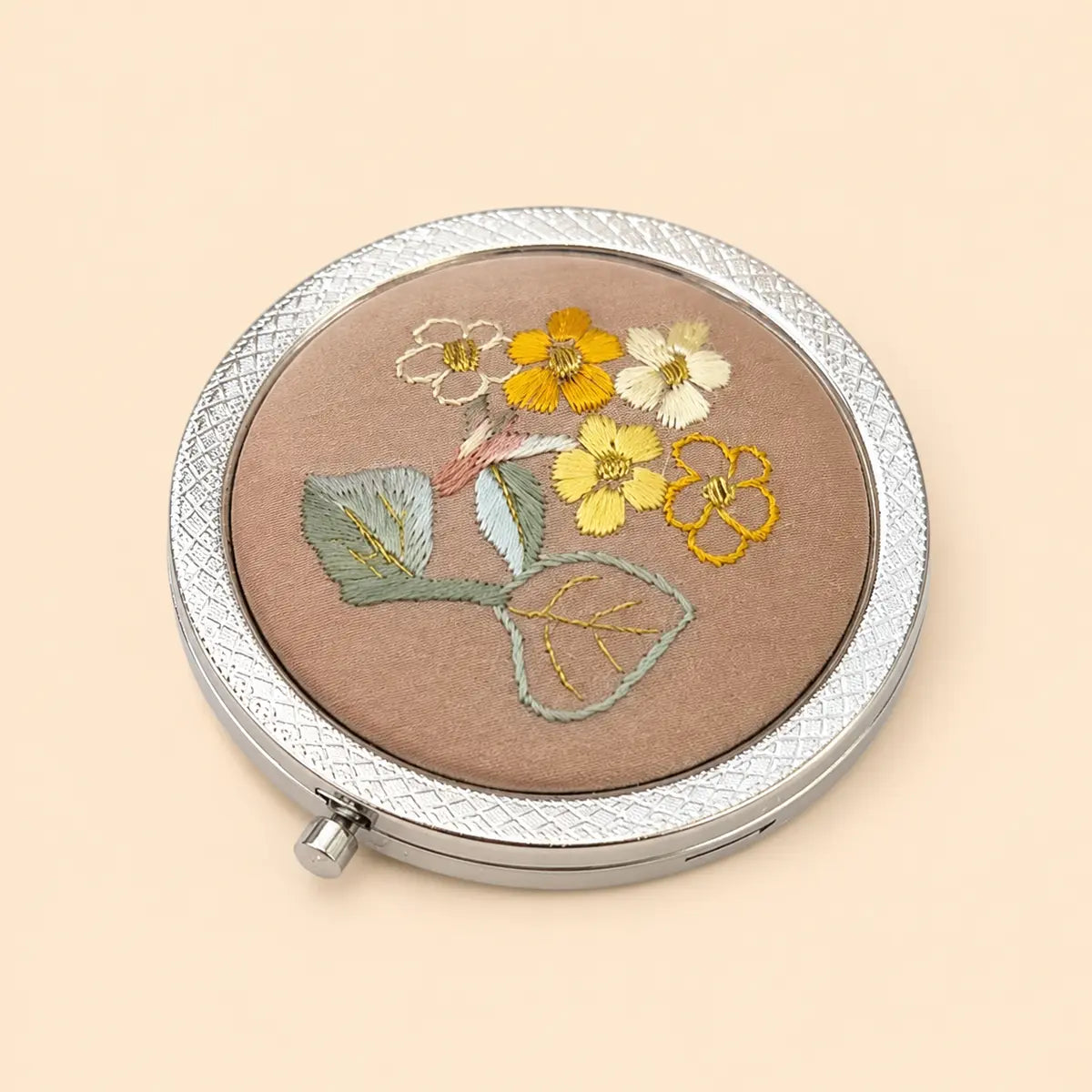 Taupe Wildflower hand-embroidered silk compact mirror