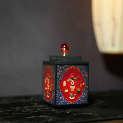Red vintage floral bamboo charcoal tea canister with decorative Chinese pattern