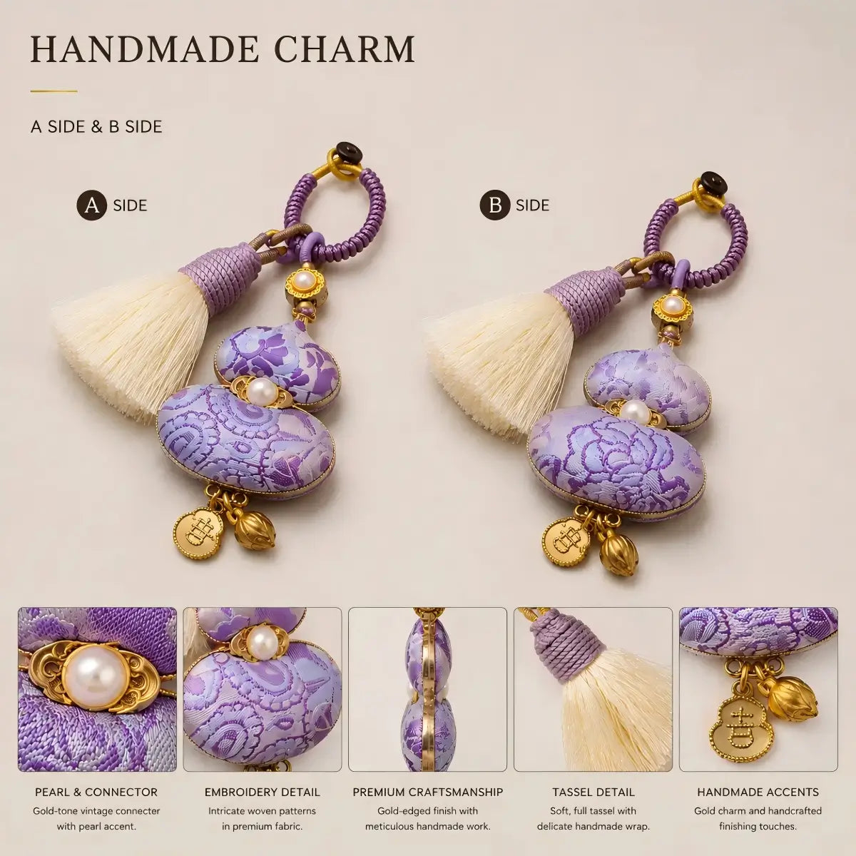 Detailed view of the structured metal base and patterned textured fabric of the handmade double-sided silk gourd purse charm.
