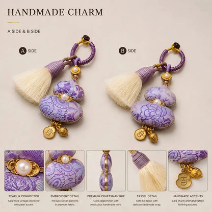 Detailed view of the structured metal base and patterned textured fabric of the handmade double-sided silk gourd purse charm.